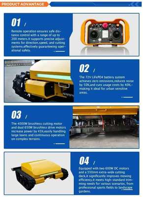 Τηλεκατευθυνόμενο έξυπνο ερπυστριοφόρο χλοοκοπτικό, με μπαταρία φωσφορικού σιδήρου λιθίου (LiFePO₄), τετρακίνηση, εξοικονόμηση ενέργειας και φιλικό προς το περιβάλλον, και 3 ώρες συνεχούς λειτουργίας.